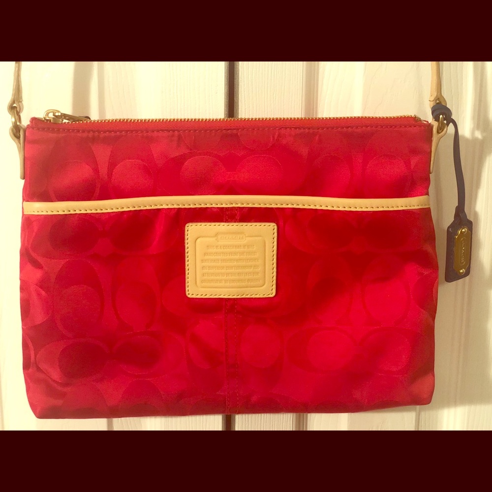 New Coach Crossbody Red Nylon Purse/Tan Strap